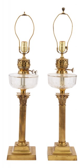 Pair of Brass Corinthian Column Lamps with Glass Fonts