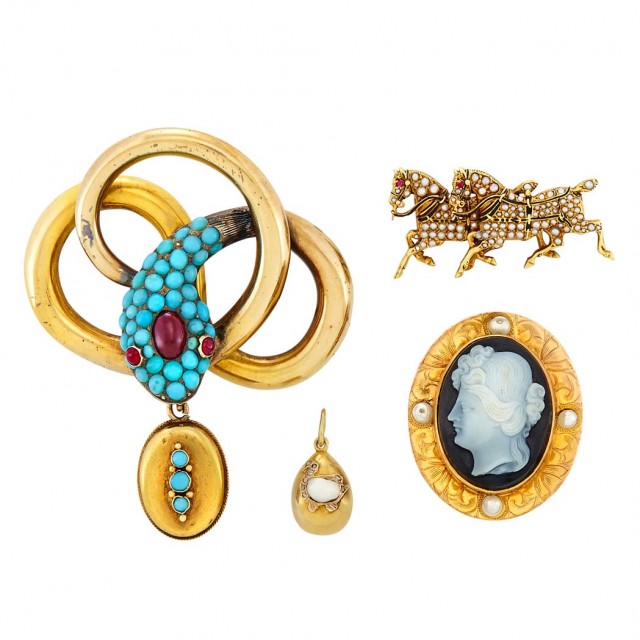 Group of Antique Gold, Turquoise, Pearl, Diamond and Hardstone Cameo, Snake, Horse and Duck Jewelry
