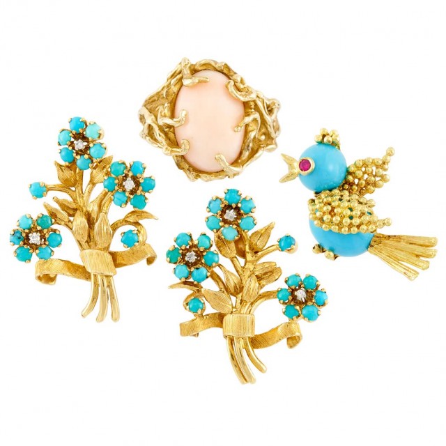 Group of Gold, Turquoise, Diamond and Coral Jewelry