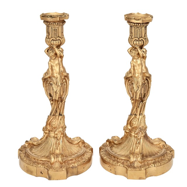 Pair of Louis XV Style Ormolu Candlesticks after designs by Juste-Aurèle Meissonnier
