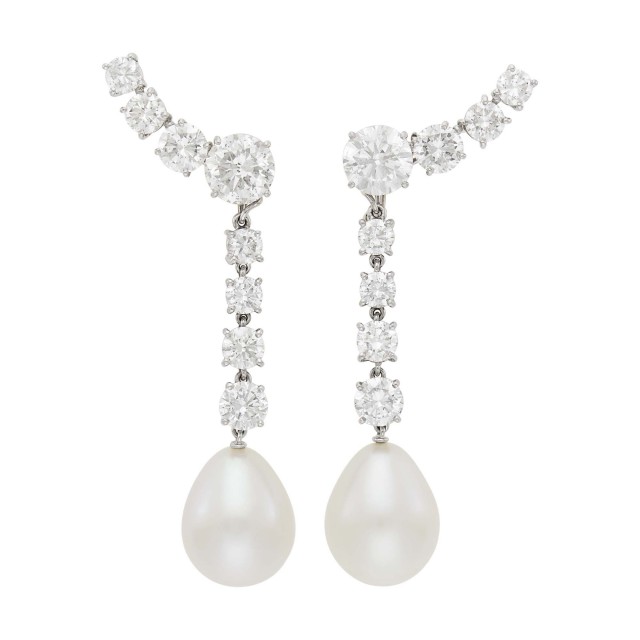 Pair of Platinum, Diamond and Cultured Pearl Pendant-Earclips
