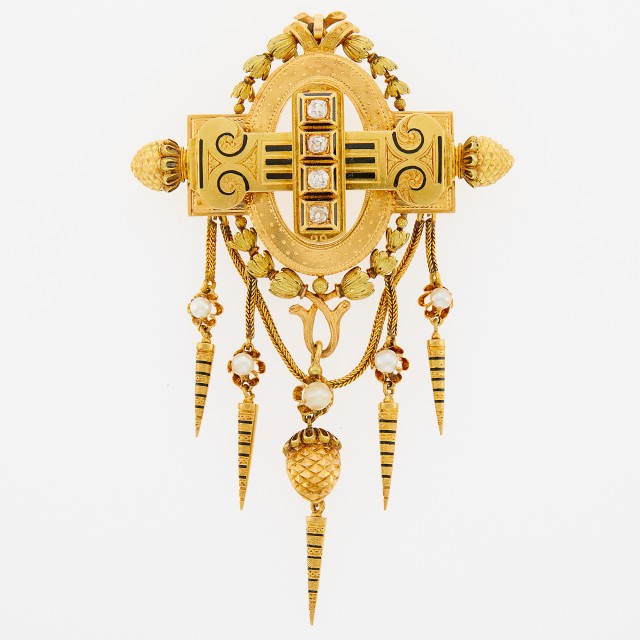 Antique Two-Color Gold, Diamond, Pearl and Black Enamel Swag Fringe Pendant-Brooch, France