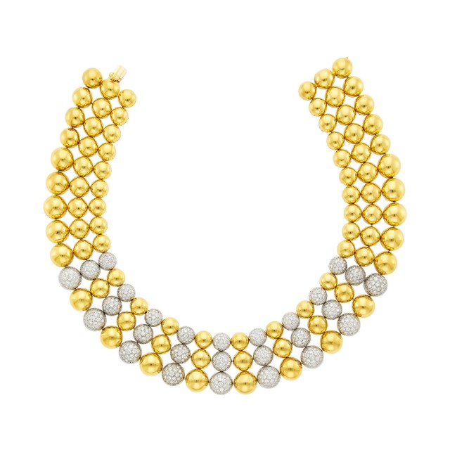 Wide Three Row Two-Color Gold and Diamond Necklace