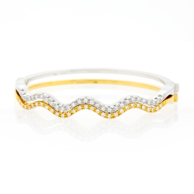 Pair of Yellow and White Gold and Diamond Wavy Bangle Bracelets
