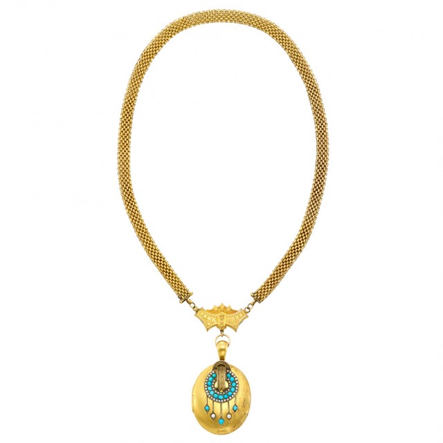 Antique Gold, Split Pearl and Turquoise Locket with a Gold-Filled Necklace