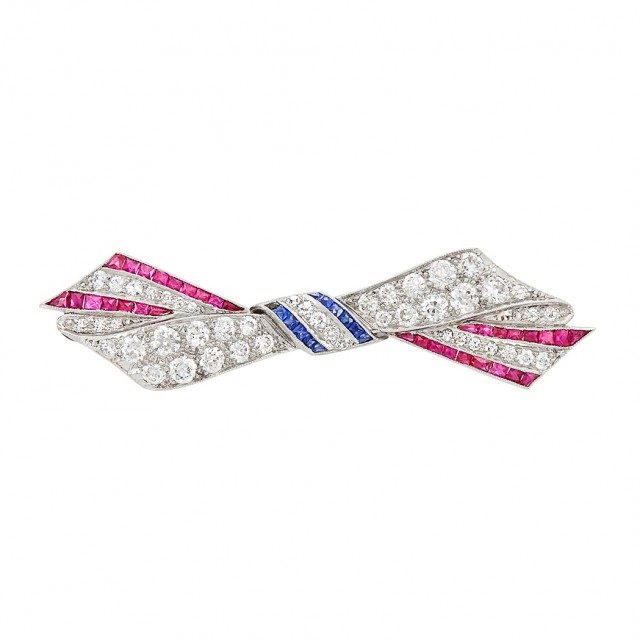 Art Deco Platinum, Diamond, Sapphire and Ruby Bow Pin