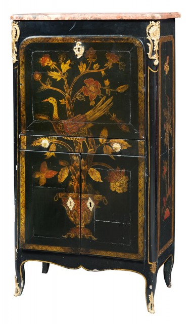 Transitional Louis XV/XVI Black Lacquer, Japanned and Parcel-Gilt Secretaire à Abattant