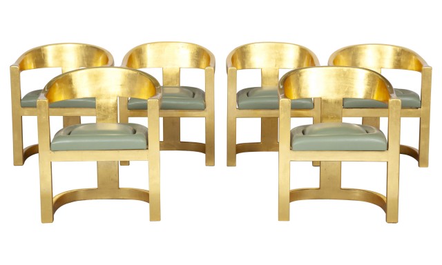 Set of Six Karl Springer Leather Upholstered Gold Leafed Wood Onassis