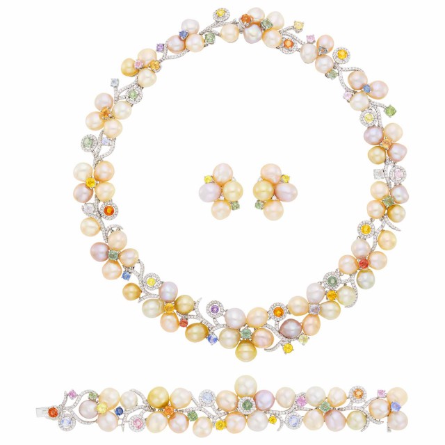 White Gold, Freshwater Pearl, Multicolored Sapphire and Diamond Necklace, Bracelet and Pair of Earclips