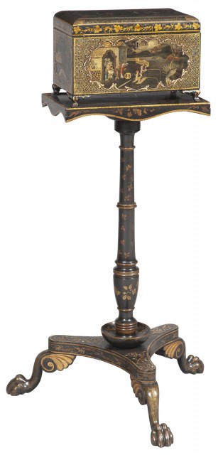 Regency Japanned and Parcel Gilt Tea Caddy on Stand