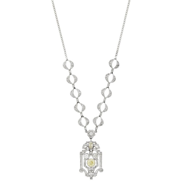 Platinum, White Gold, Yellow Diamond and Diamond Pendant-Necklace