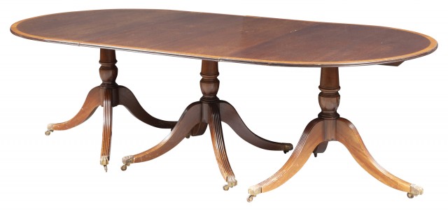 George III Style Inlaid Mahogany Triple Pedestal Dining Table