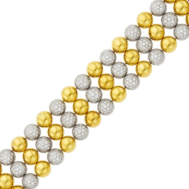 Wide Three Row Two-Color Gold and Diamond Bracelet