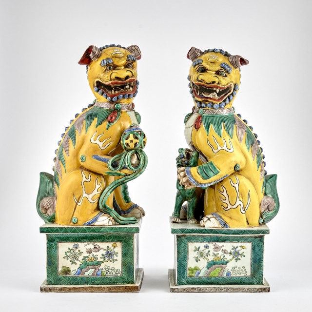A Pair of Chinese Famille Verte Porcelain Fu Lions