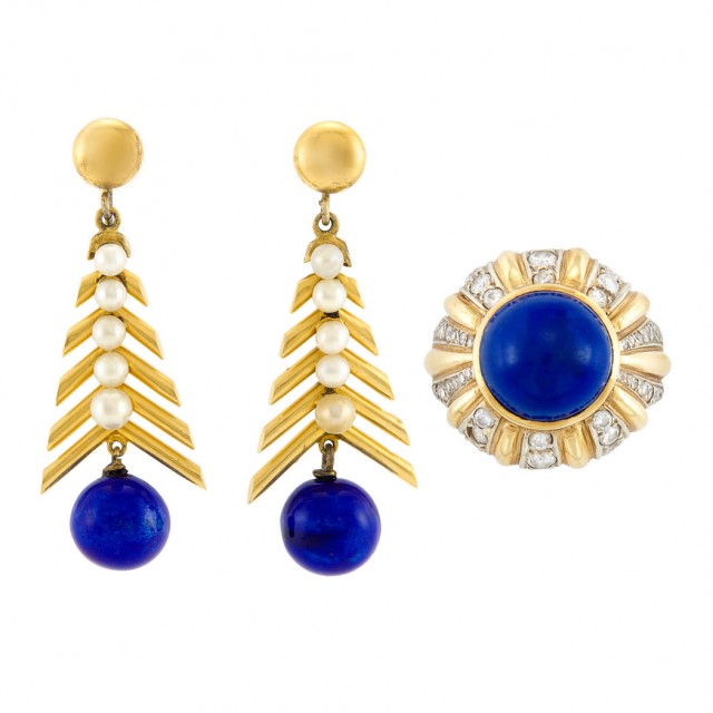 Two-Color Gold, Lapis and Diamond Ring and Pair of Gold, Low Karat Gold, Cultured Pearl and Lapis Pendant-Earclips