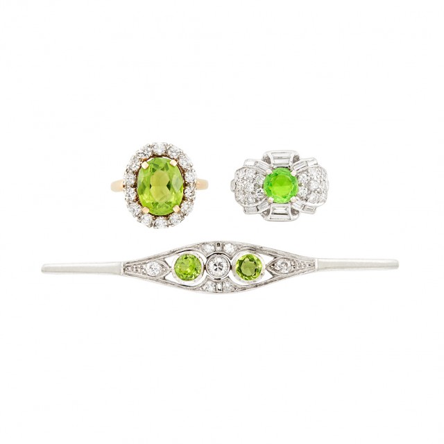 Two Two-Color Gold, Platinum, Peridot, Green Stone and Diamond Rings and Bar Pin