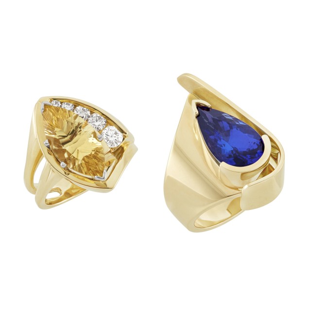 Two Gold, Tanzanite, Yellow Beryl and Diamond Rings, Trisko