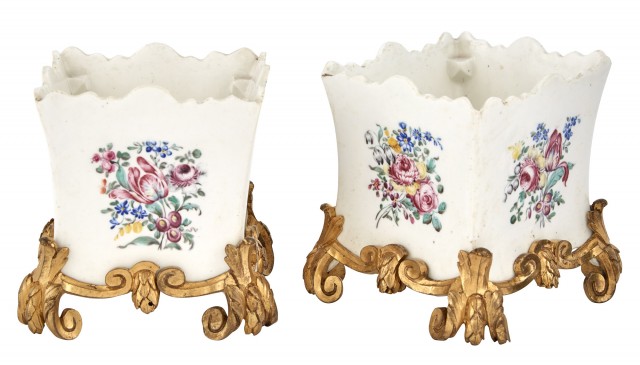 Pair of French Porcelain Ormolu-Mounted Cachepots