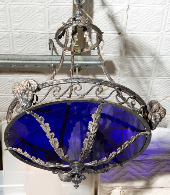 Continental Neoclassical Style Silvered Metal and Blue Hanging Light