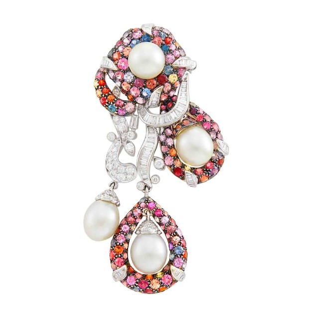 White and Blackened White Gold, Multicolored Spinel, Cultured Pearl and Diamond Pendant-Brooch