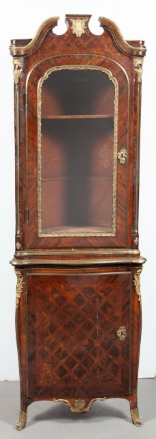 Continental Rococo Gilt-Bronze Mounted Kingwood Parquetry Two- Part Corner Cabinet