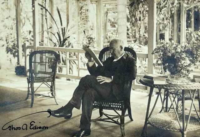 EDISON, THOMAS ALVA  Photograph signed ("Thos A Edison") of Edison on the porch at his Fort Myers, Florida winter estate.