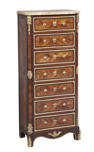 Louis XVI Style Gilt-Metal Mounted Kingwood and Tulipwood Marquetry Marble Top Semainier