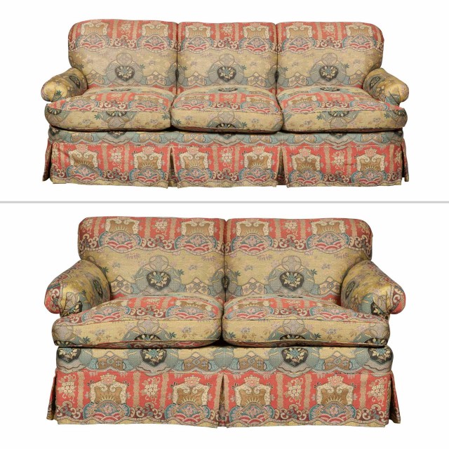 Silk-Upholstered Three-Cushion Sofa