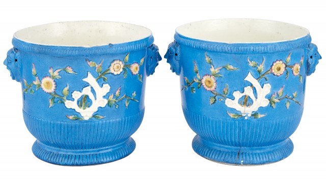 Pair of St. Cloud Porcelain Polychrome-Decorated Bottle Coolers (Seaux a Bouteille)