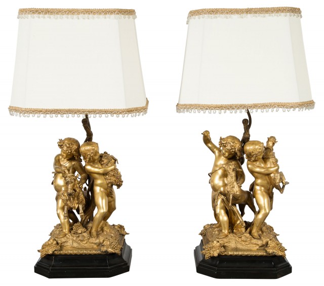 Pair of Clodion Style Gilt-Bronze Bacchanalian Figural Lamps