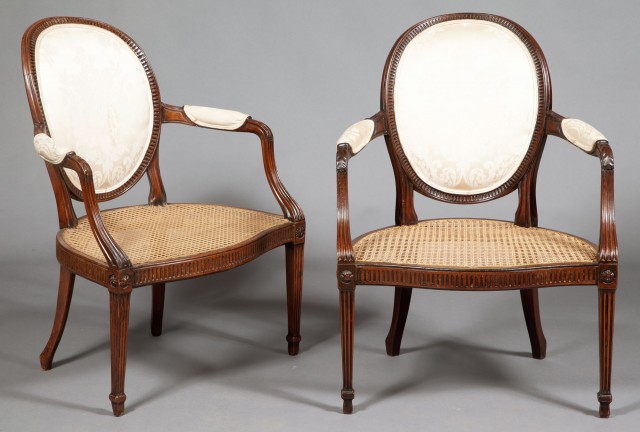 Assembled Pair of George III Style Beechwood and Caned Open Armchairs