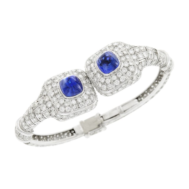 White Gold, Cabochon Sapphire and Diamond Bangle Bracelet