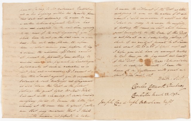 PINCKNEY, CHARLES COTESWORTH  Autograph letter signed.