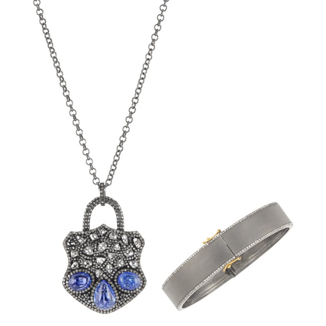 Blackend Silver, Gold, Tanzanite and Diamond Bracelet, Pendant and Chain