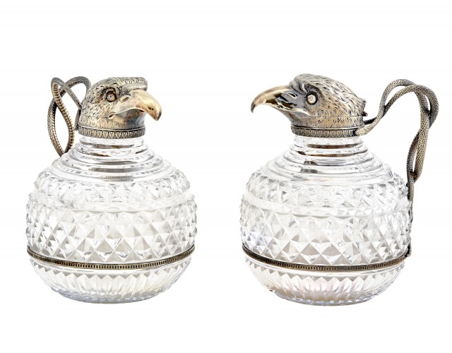 Pair of George III Sterling Silver-Gilt Mounted Cut Glass Claret Jugs