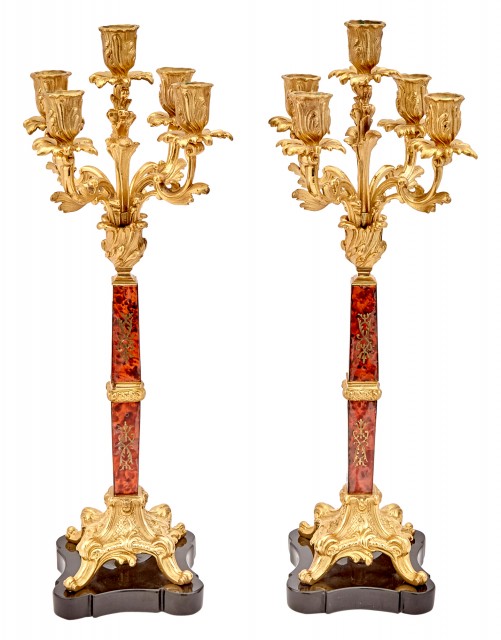 Pair of Rococo Style "Boulle" and Gilt-Bronze Five Light Candelabra