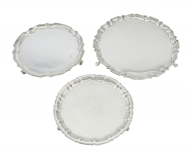 Three English Sterling Silver Salvers