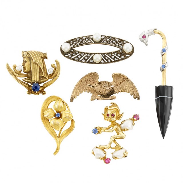 Six Gold, Low Karat Gold, Silver and Gem-Set Pins
