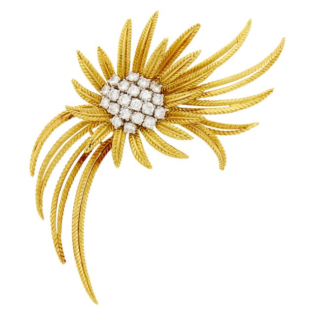 Cartier Gold, Platinum and Diamond Flower Spray Clip-Brooch, France
