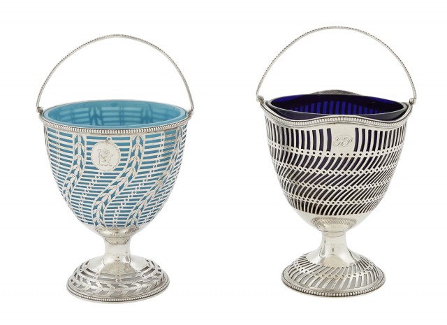 Two George III Sterling Silver and Glass Sugar Baskets
