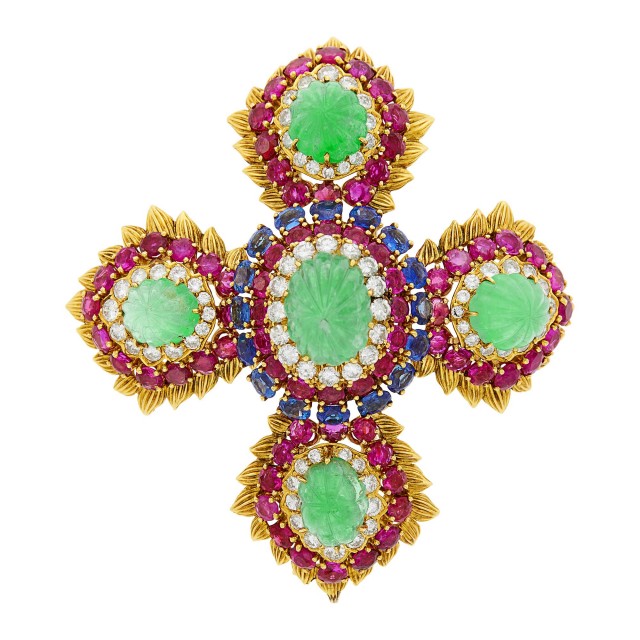 Gold, Carved Emerald, Sapphire, Ruby and Diamond Maltese Cross Pendant-Brooch