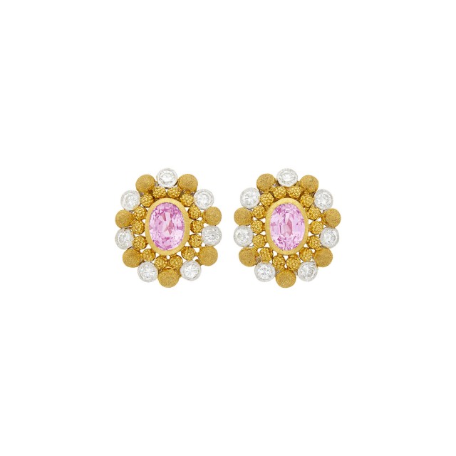 Mario Buccellati Pair of Two-Color Gold, Pink Sapphire and Diamond Earclips