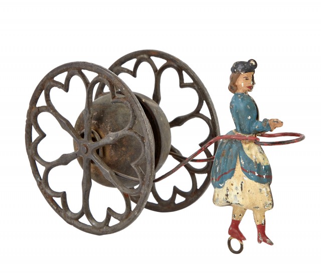 Suffragette Pulling Chime Bell Cast Iron and Tin Toy