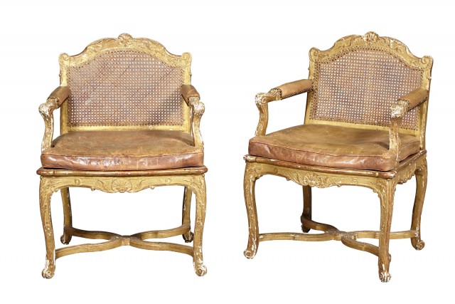 Pair of Régence Giltwood and Caned Fauteuils à la Reine