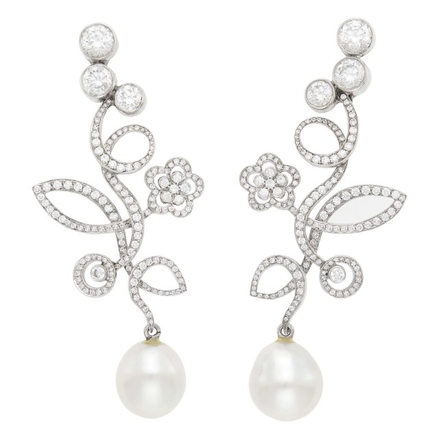 Pair of White Gold, Diamond and South Sea Cultured Pearl Pendant-Earclips