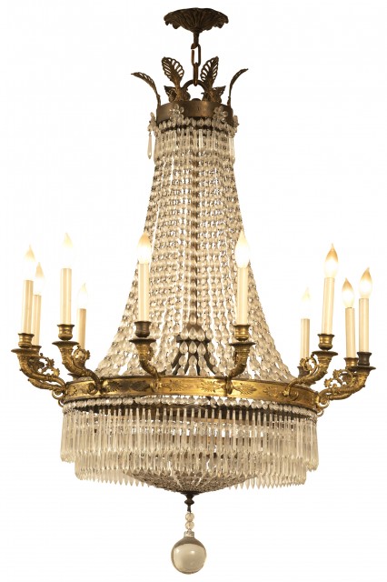 Empire Gilt-Bronze and Cut Glass Twelve-Light Chandelier