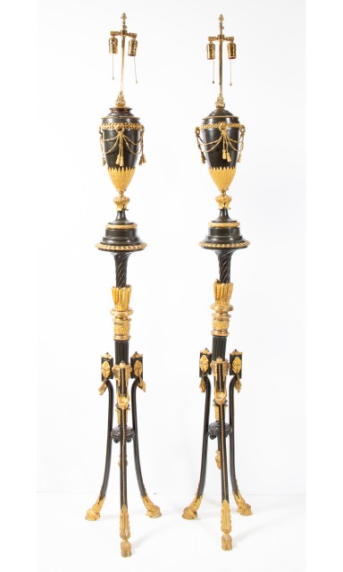 Pair of Louis XVI Style Gilt and Patinated Bronze Lamps and Pedestals, En Suite