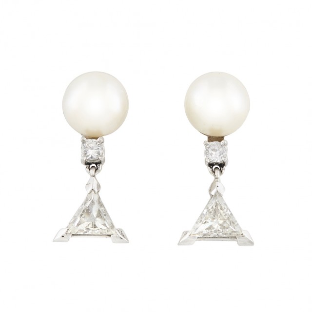 Pair of White Gold, Cultured Pearl and Diamond Earclips