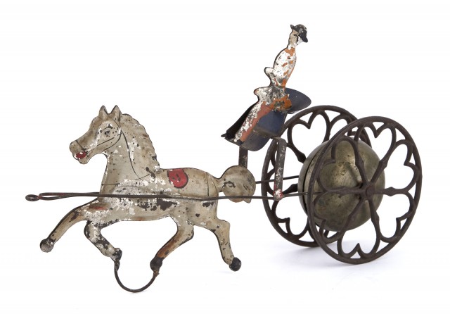 Women on Sulky with Chime Bell Tin and Cast Iron Toy