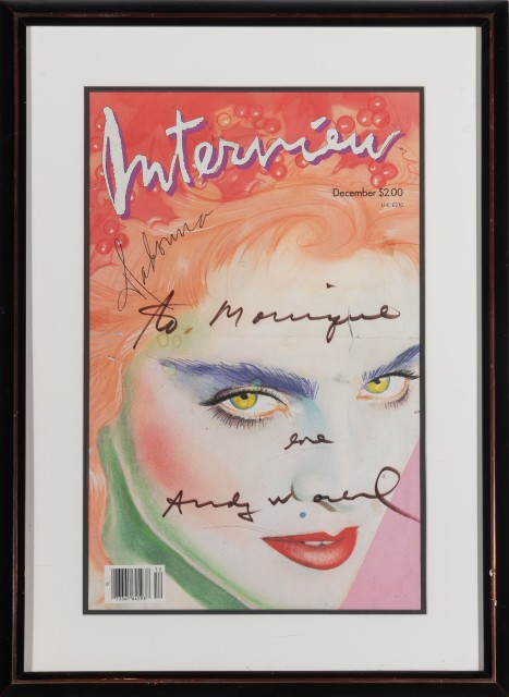 WARHOL, ANDY  Inscription on cover of Interview magazine.